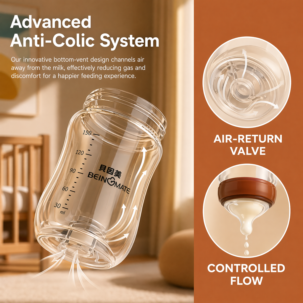 Beingmate Anti-Colic Baby Bottle, BPA Free Newborn Baby Bottle with Breast-Like Nipple, Wide Neck Easy Clean Feeding Bottle, Glass & PPSU Baby Bottle, 160ml/180ml/240ml