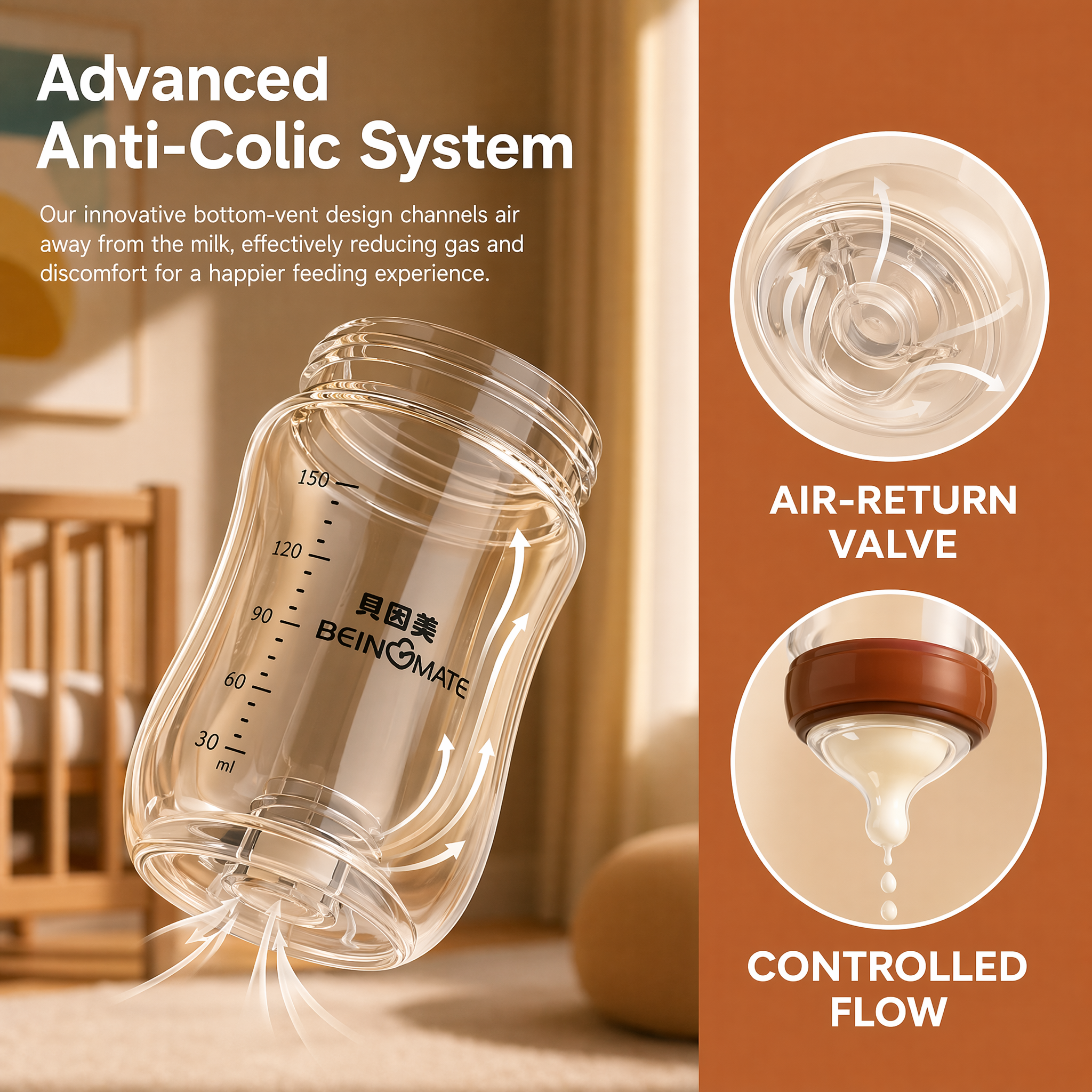 Beingmate Anti-Colic Baby Bottle, BPA Free Newborn Baby Bottle with Breast-Like Nipple, Wide Neck Easy Clean Feeding Bottle, Glass & PPSU Baby Bottle, 160ml/180ml/240ml
