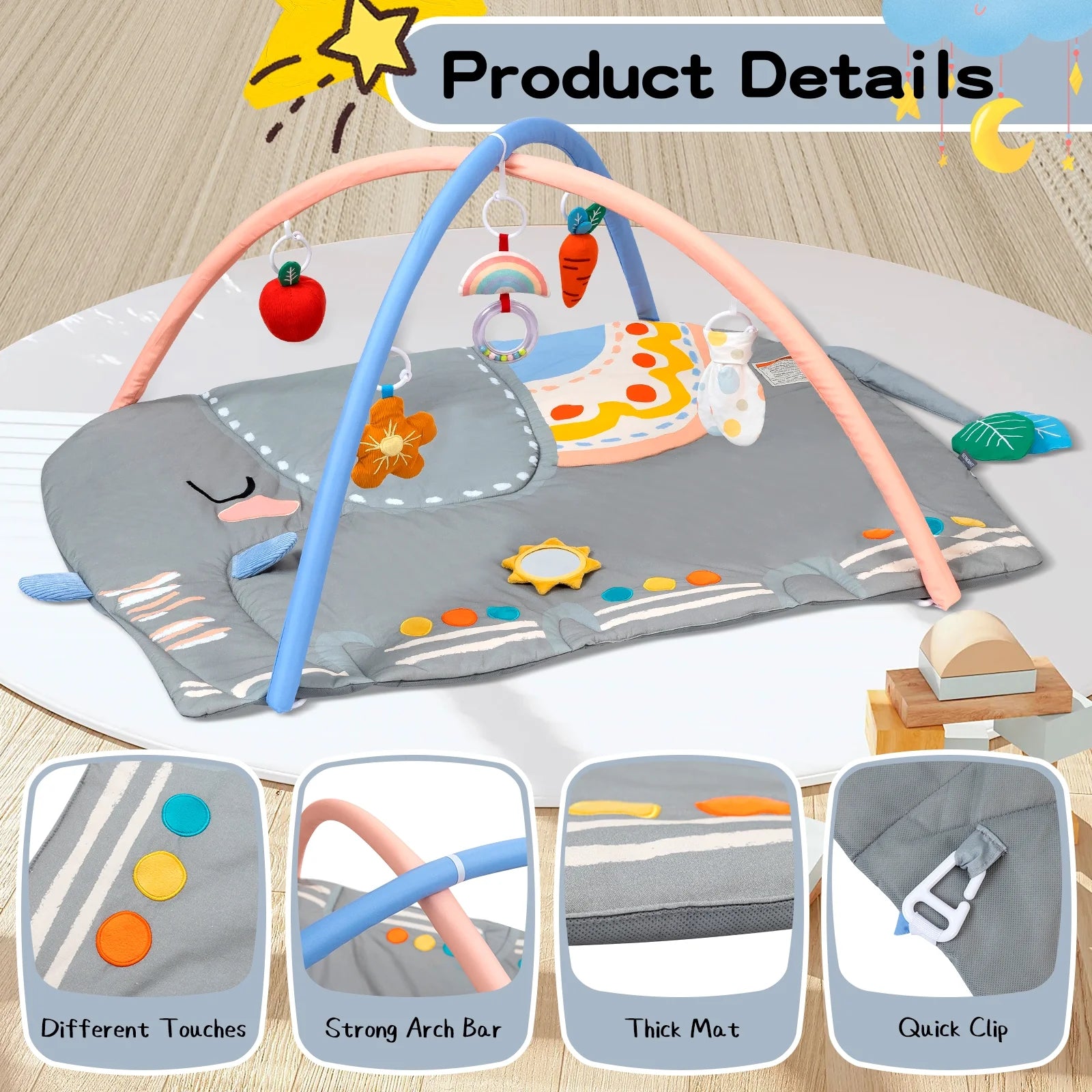 BEINGMATE Care Baby Play Gym Tummy Time Mat, Oversize Elephant Activity Mat with 6 Detachable Toys, Promote Motor Skills & Sensory Development Mat, Newborn Infant Baby Essentials Gift