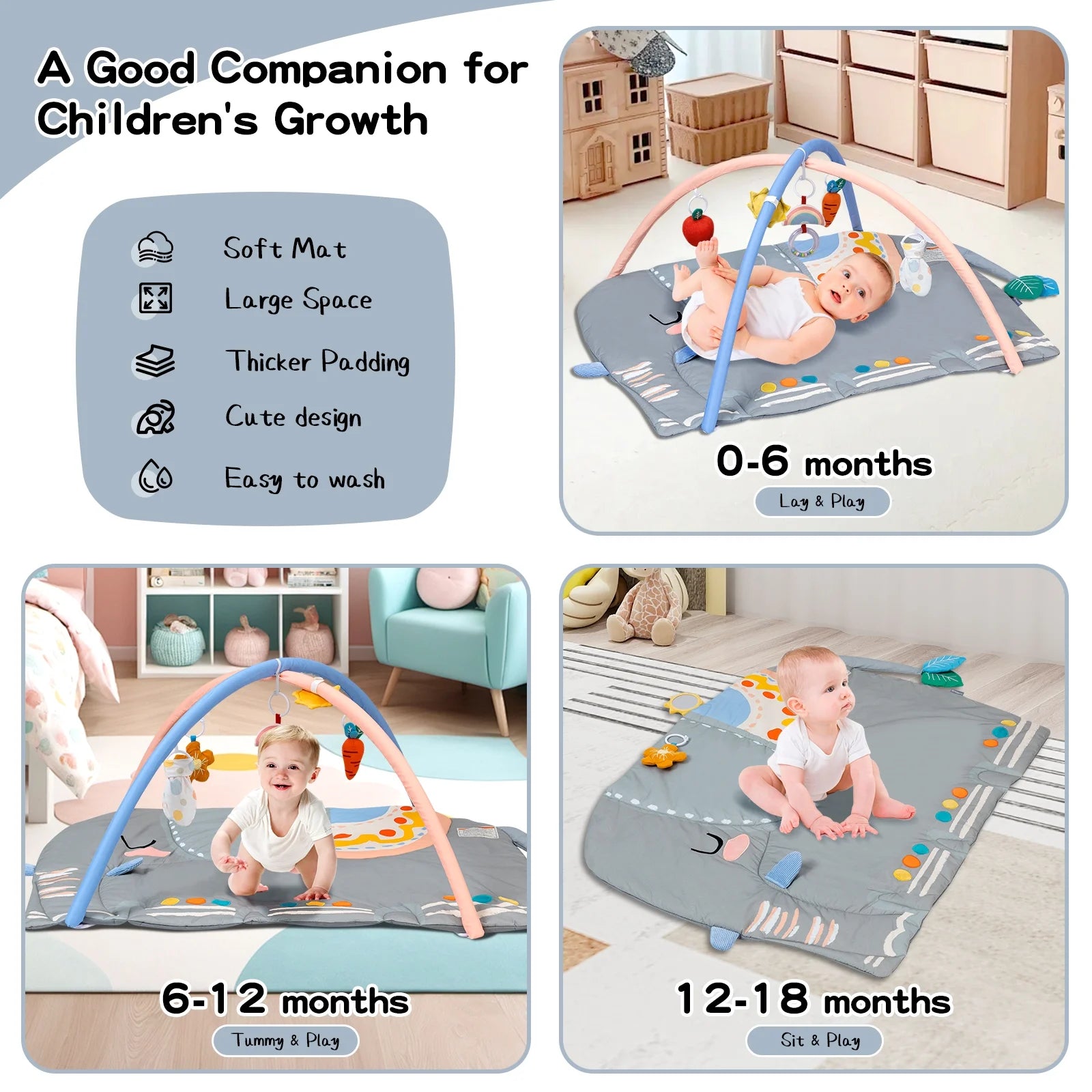 BEINGMATE Care Baby Play Gym Tummy Time Mat, Oversize Elephant Activity Mat with 6 Detachable Toys, Promote Motor Skills & Sensory Development Mat, Newborn Infant Baby Essentials Gift
