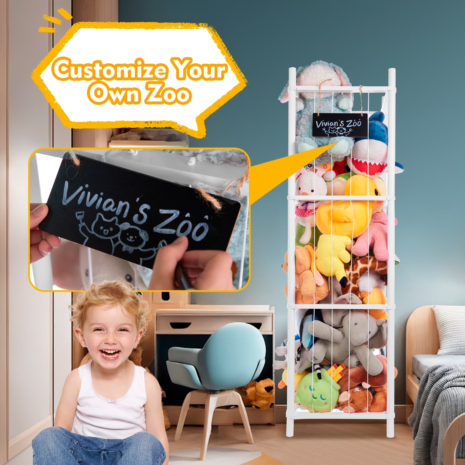 BEINGMATE Care Large Stuffed Animal Storage, Wooden Stuffed Animal Storage Zoo, Toy Holder, Space Saving Toy Zoo for Kidroom, Playroom, Kid’s Gift, White