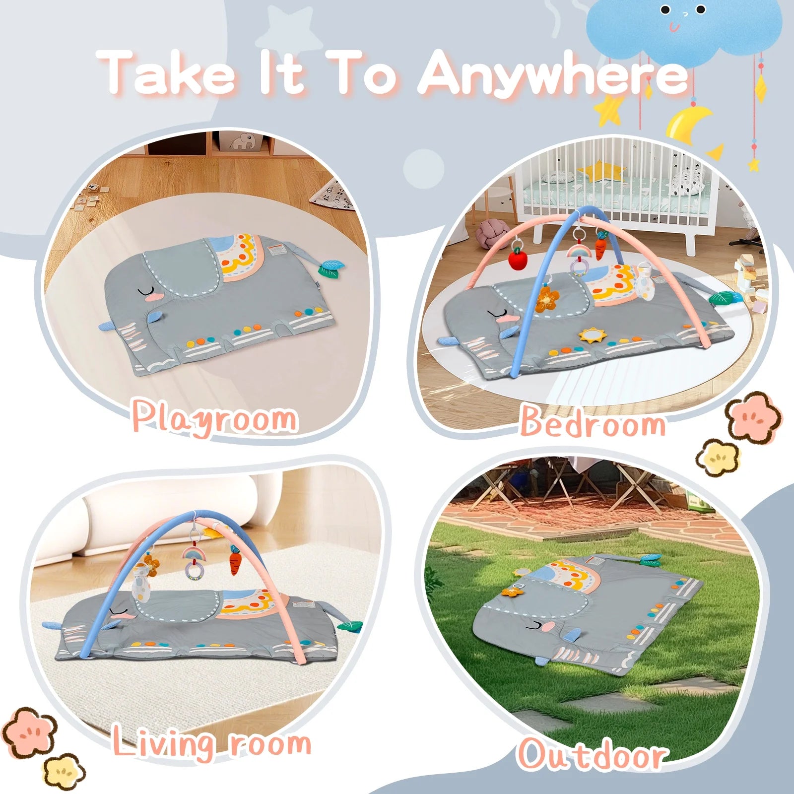 BEINGMATE Care Baby Play Gym Tummy Time Mat, Oversize Elephant Activity Mat with 6 Detachable Toys, Promote Motor Skills & Sensory Development Mat, Newborn Infant Baby Essentials Gift