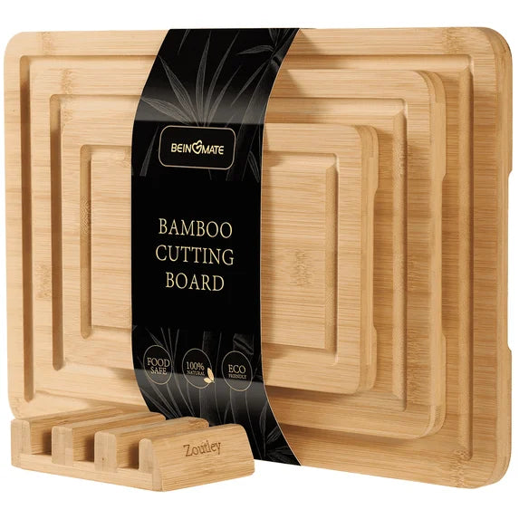 BEINGMATE Care 3-Piece Deep Carbonized Bamboo Cutting Board Set with Storage Stand | Deep Juice Grooves & Easy-Grip Handles | Knife-Friendly, Durable Chopping Boards for Meat, Vegetables & Fruit